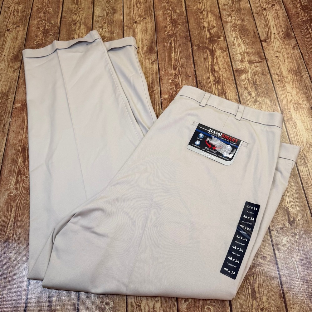 Roundtree & Yorke TravelSmart Pants Mens 48x34 Khaki Pleated Classic Fit NWT